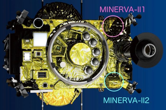 The bottom of the Hayabusa2 spacecraft. (Image credit: JAXA) The small rovers, MINERVA-II1. Rover-1A is on the left and Rover-1B is on the right. Behind the rovers is the cover in which they are stored. (Image credit: JAXA).
