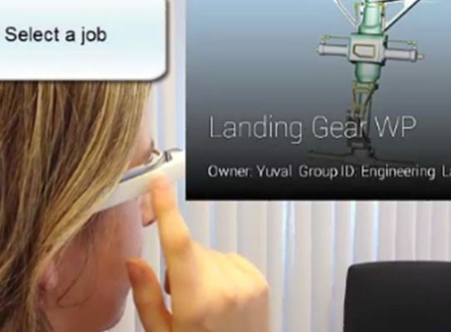 Female engineer uses Google Glass with AR/VR to work on landing gear design
